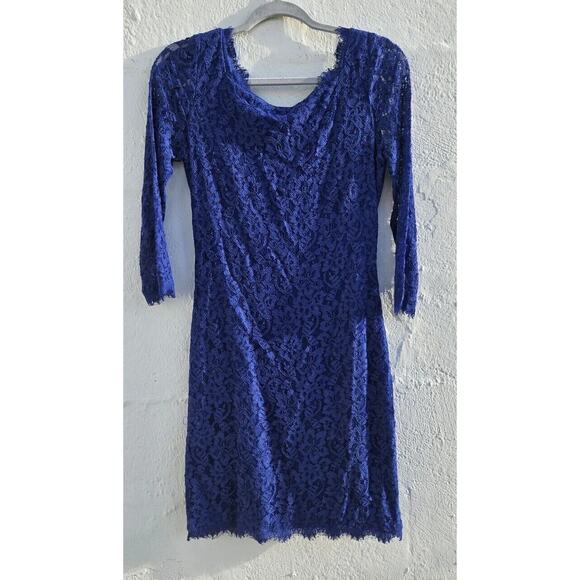 Diane Von Furstenberg Dress 4 DVF Navy Blue Lace Zarita 3/4 Sleeve Mini Back Zip - Picture 2 of 16